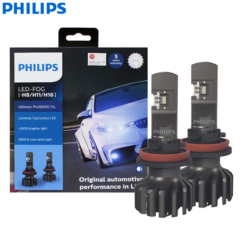 

Philips LED H8 H11 H16 Ultinon Pro9000 Car Fog Light 5800K Cool White +250% Bright with Lumileds LED Auto Lamp 11366U90CWX2, 2x