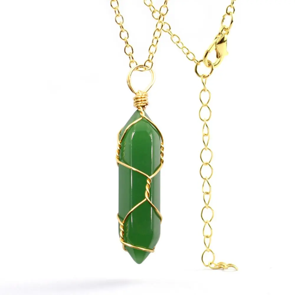 Natural Stone Hexagonal Pillar Winding Pendant Necklace Energy Colorful Crystal Charm Chain Jewelry for Women |