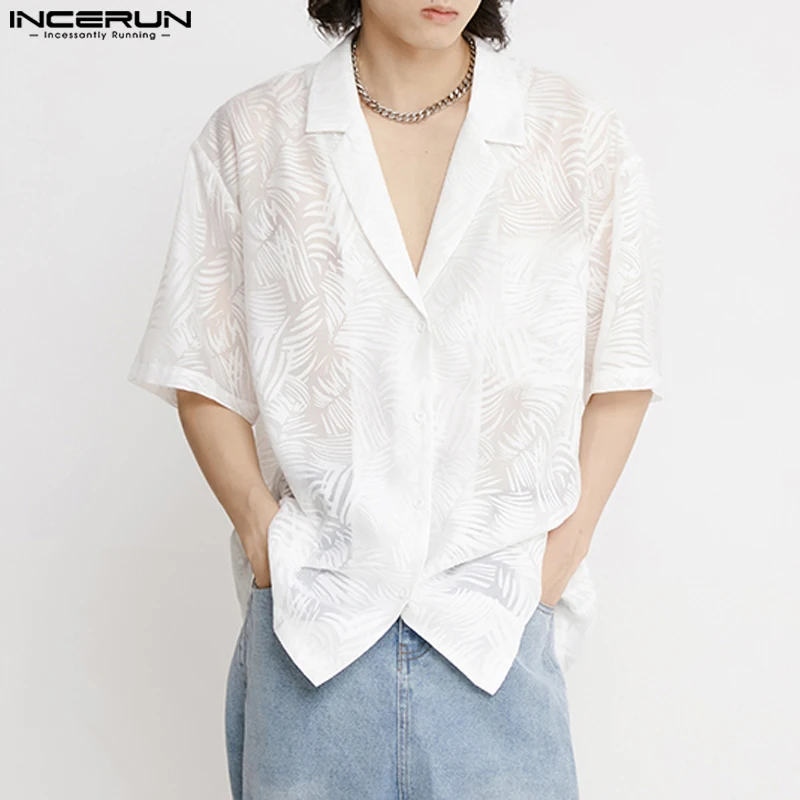 

INCERUN Tops 2023 Korean Style Handsome Men Lace Leaf Printing Pattern Blouse Leisure Streetwear Short Sleeved Thin Shirts S-5XL