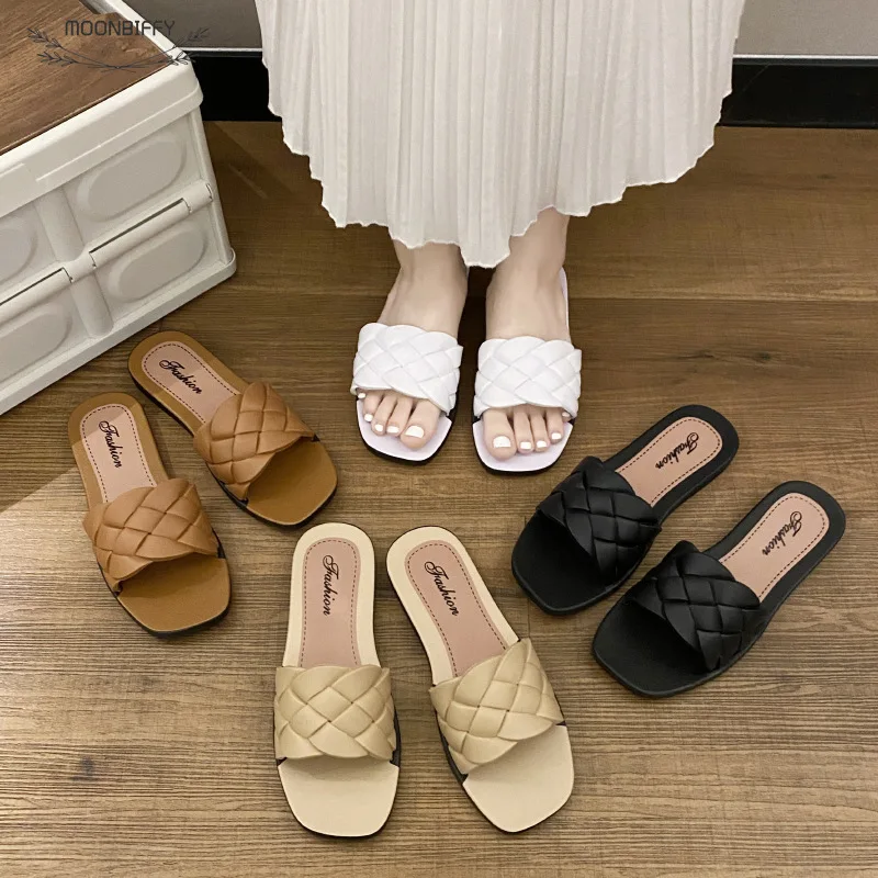 

Sandalias Flat Women Flip Flops Summer Slippers Ladies Square Toe Sandals Slipper Casual Beach Weave Shoes Female Slip On Shoe