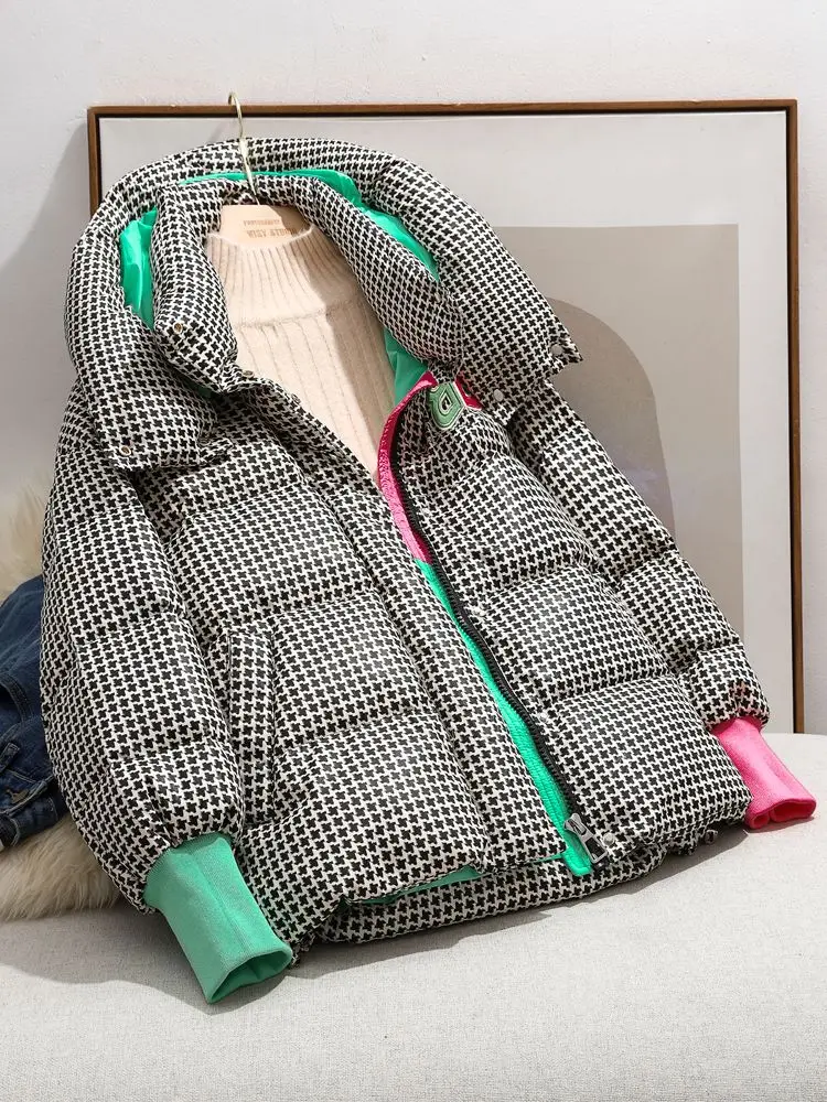 Winter Coats Women Plaid Puffer Jacket Parka Super Hot Coats Hooded Down Jacket Loose Korean Fashion Snow Clothes