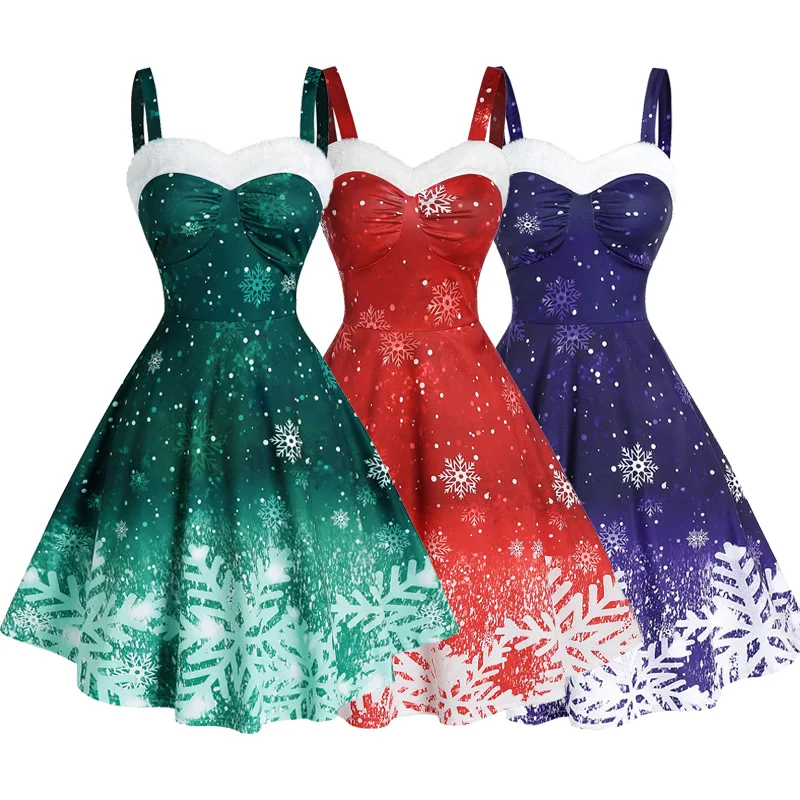 

Gradient Color Christmas Party Dress Snowflake Print Xmas Rockabilly Dress Women Sweetheart Neck Sleeveless A-Line Vestidos XXXL