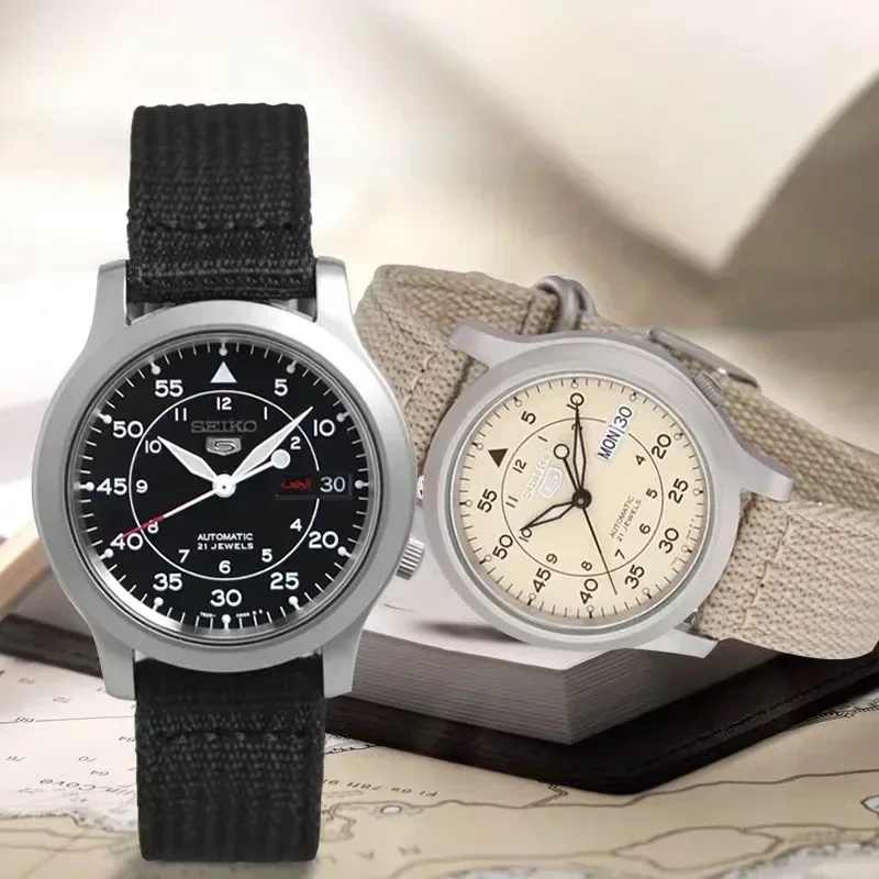 Фото Оригинальные часы SEIKO SNK805 для мужчин 5, автоматические часы из нержавеющей стали с механическими часами из зеленого холста, мужские часы №3
