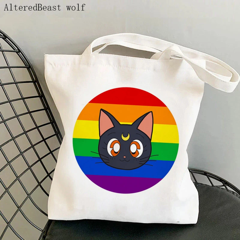 

Women Shopper bag Rainbow Pride Sailor Meow Bag Harajuku Shopping Canvas Shopper Bag girl handbag Tote Shoulder Lady Bag