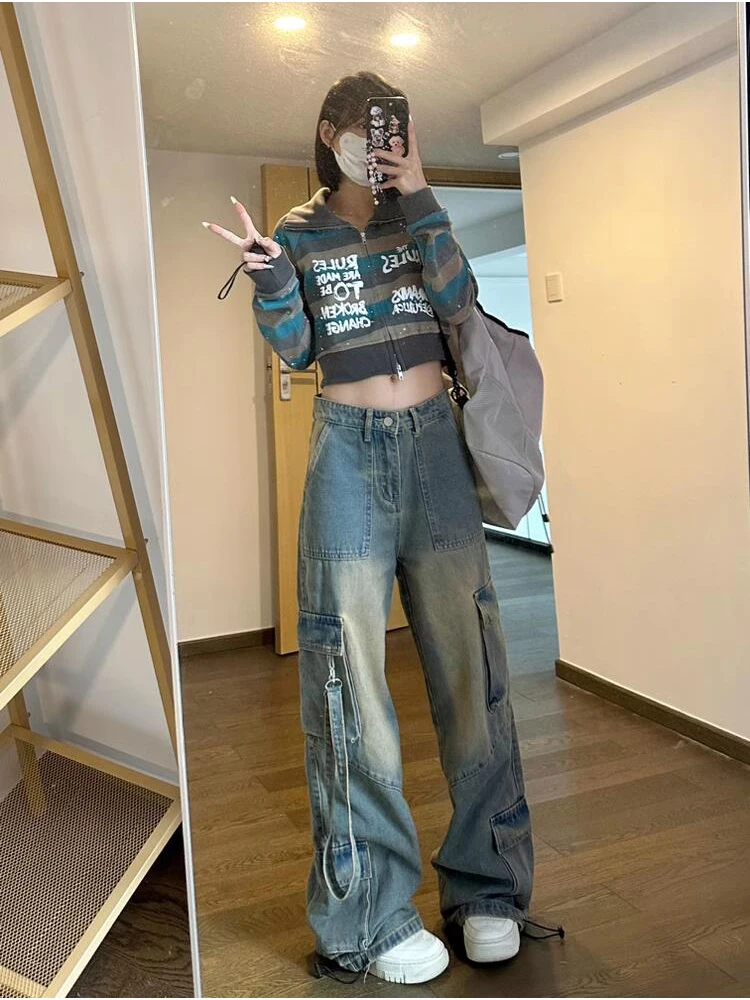 Женские синие джинсы-карго Y2k Harajuku джинсовые брюки большого размера мешковатые в