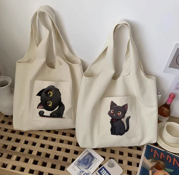 Женская холщовая сумка для покупок кошка с цветочным узором экологически чистый