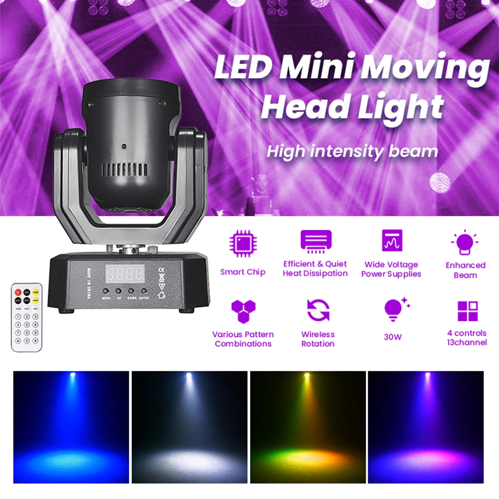 Фото 30-ваттный мини-прожектор с вращающейся головкой RGBW DMX512, дистанционное управление, мобильные вращающиеся световые эффекты для дискотек, вечеринок, сцены, клубов, мероприятий и дома. №2