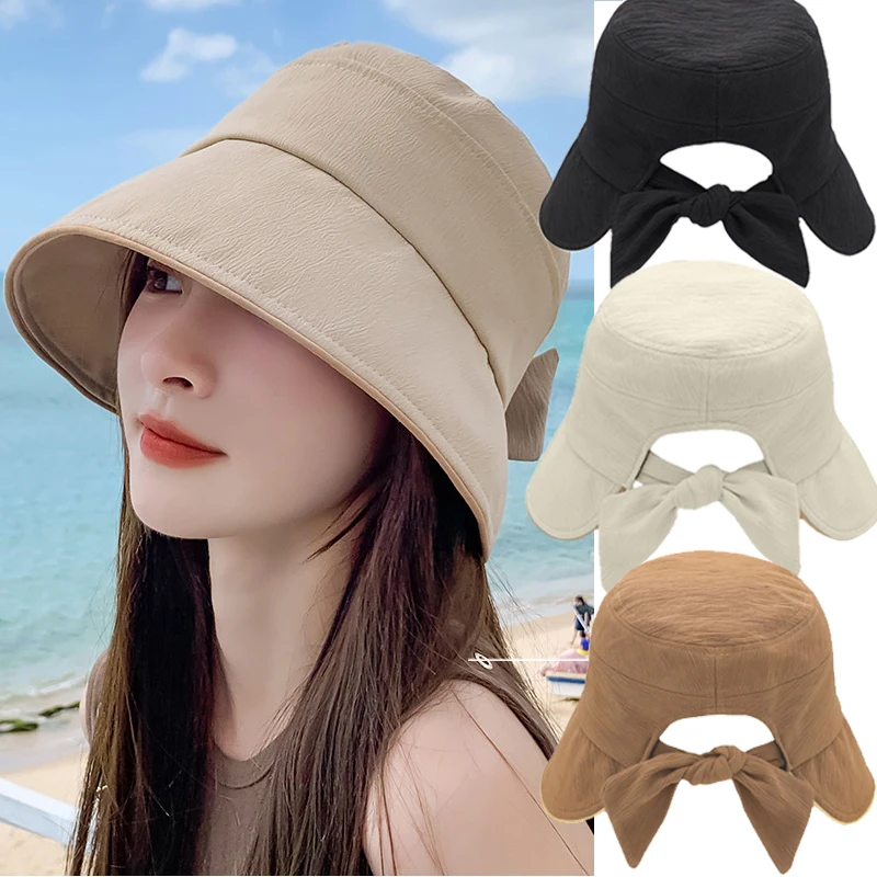

Japanese Wide Brim Bucket Hats Women's Bowknot Hollow Fashion Sun Hat Outdoors Travel Sun Hat Sunscreen Sunshade Fisherman Cap