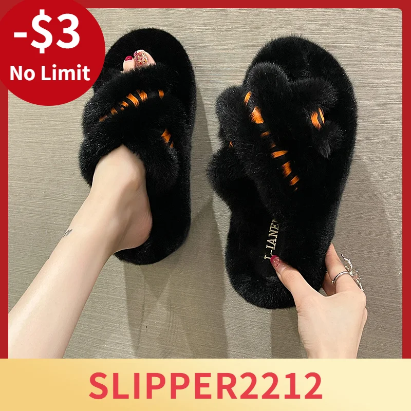 

QSROCIO Warm Slippers Women Fashion Fluffy Fur Tiger Print Insole Slipper Home Slides Flat Indoor Outside FlipFlop Women Shoes