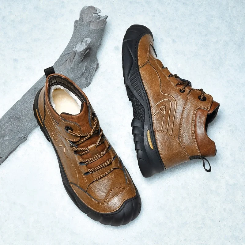 SALUDAS Winter Shoes Men's Luxury Genuine Leather Boots Outdoor Waterproof Fur Warm Ankle Boots Non-slip Hiking Sneakers Male