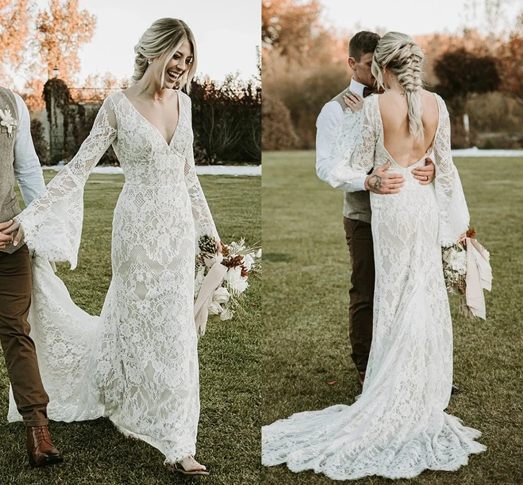 Кружевное богемное платье с длинным рукавом и юбкой-годе летние пляжные