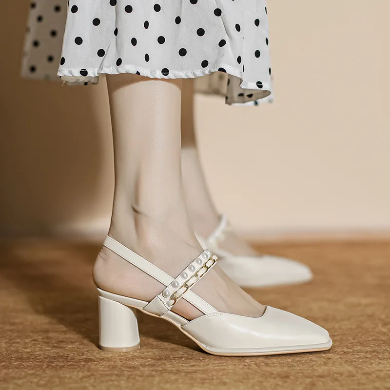 

6.5cm New Fashion Sandals High Heels Female Beaded Ankle Wrap Square Toe Women Shoes 38 39