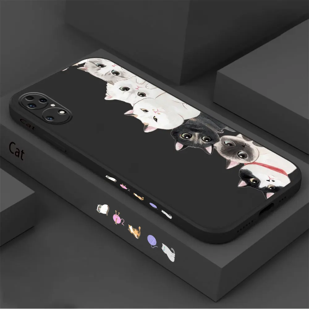 Simple Cute Cat Pattern Phone Case For Huawei P60 P50 P40 P30 P20 Mate 50 40 30 20 20X 10 Colour Liquid Silicone Cover Funda