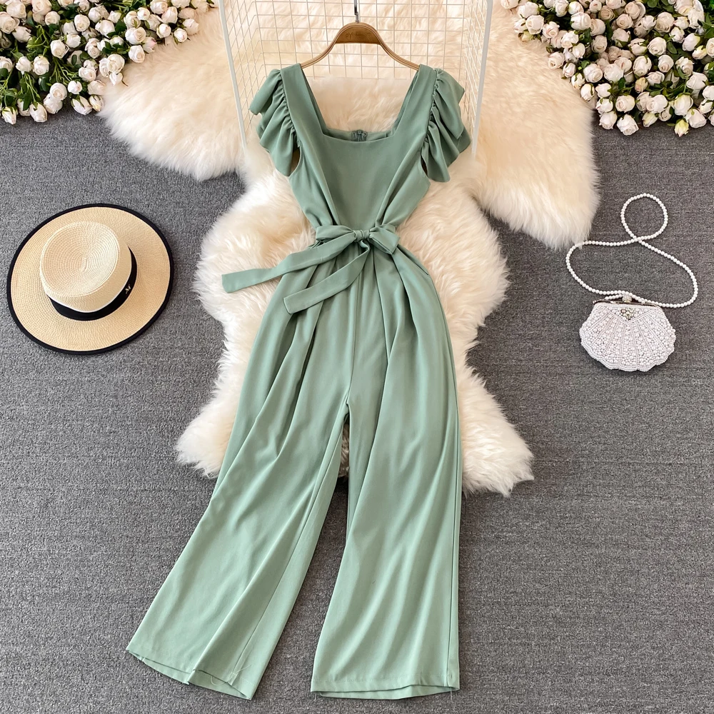 

2022 Летний Новый сексуальный комбинезон с открытыми плечами и высокой талией, Облегающий комбинезон с широкими штанинами, Модный комбинезон с квадратным вырезом