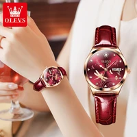olevs fashion casual automatic mechanical women wristwatches week calendar display leather waterproof trend womens watches 6611