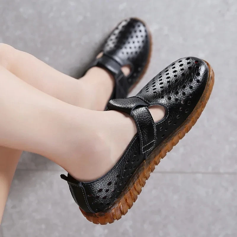 Summer 2022 high quality oxford flats female hole breathable loafers genuine leather flats women handmade shoes