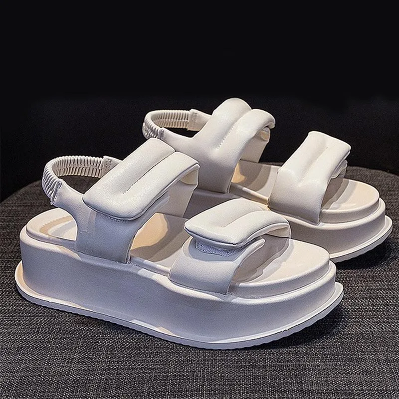 2023 New Summer 6cm Platform Women Sandals Genuine Leather Women Hook&loop Heel Elastic Band Ladies Wedge Chunky Shoes