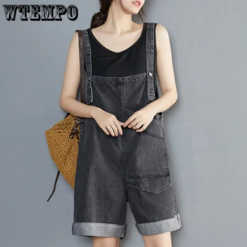 WTEMPO Denim Suspender Shorts for Women Summer Fashion Street Wear Korean Version Loose Sweetwear Student Versatile Capris