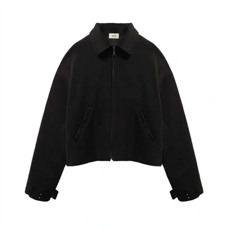 

Fashion Brand Three-dimensional Cut Lapel High Street VB Bomber Loose Thick Coat Simple Autumn Winter Brown Wool Short Jacket