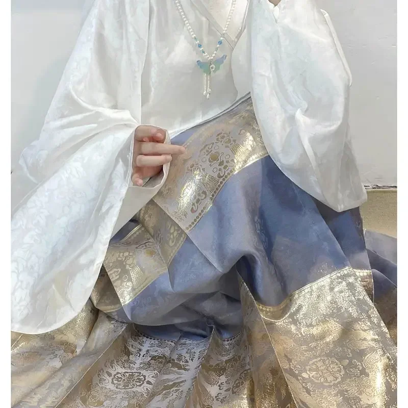 

7 Color Vintage Ming Dynasty 6M Horse Face Hanfu Pleated Skirt Golden Thread Weave Chinese Elegant Traditional Black Hanfu Dress