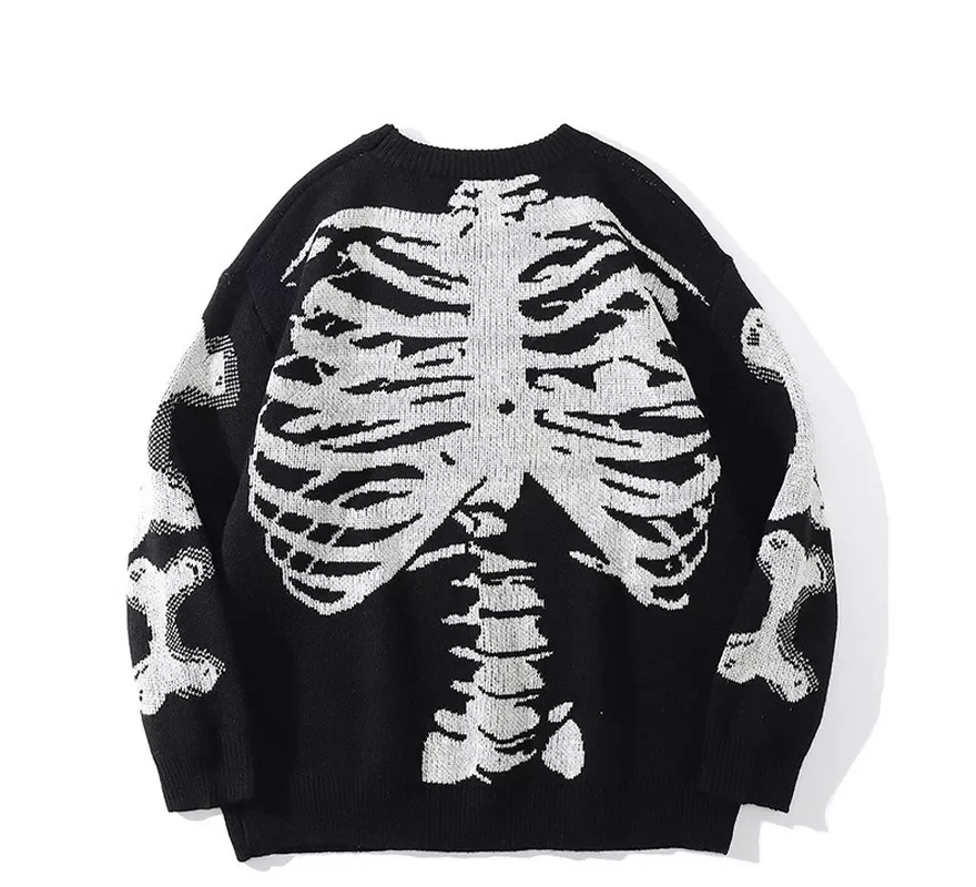 

2022New Loose Sweaters Black Skeleton Bone Print Pullovers Women Vintage Retro Knitted Sweater Autumn Cotton Pullover Unisex 3XL