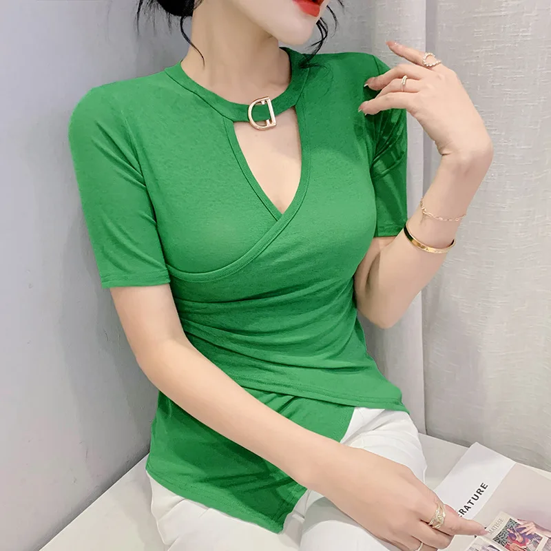 

Женская летняя облегающая футболка с коротким рукавом и V-образным вырезом