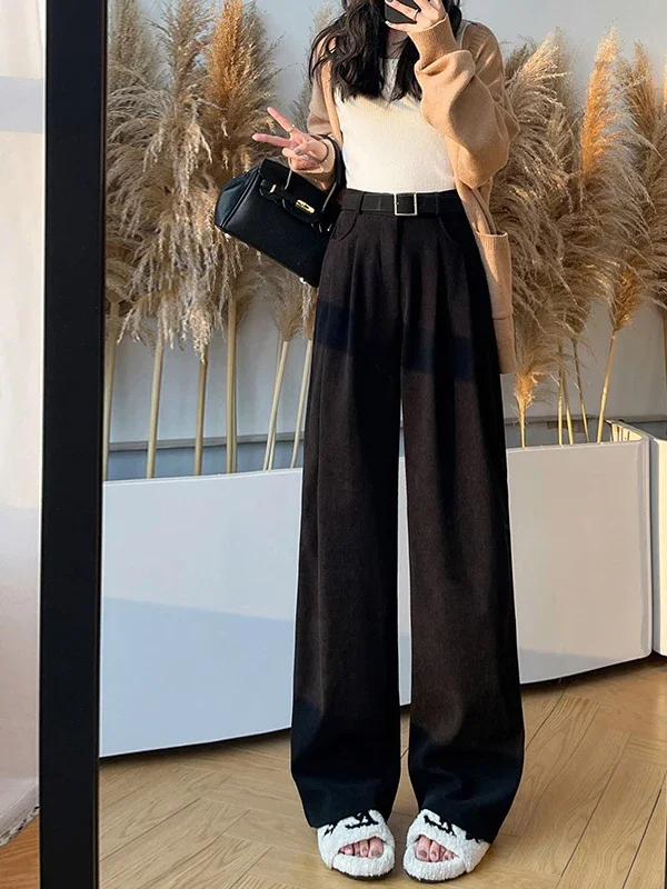 Женские вельветовые брюки цвета хаки с флисовой подкладкой весна 2024 широкие