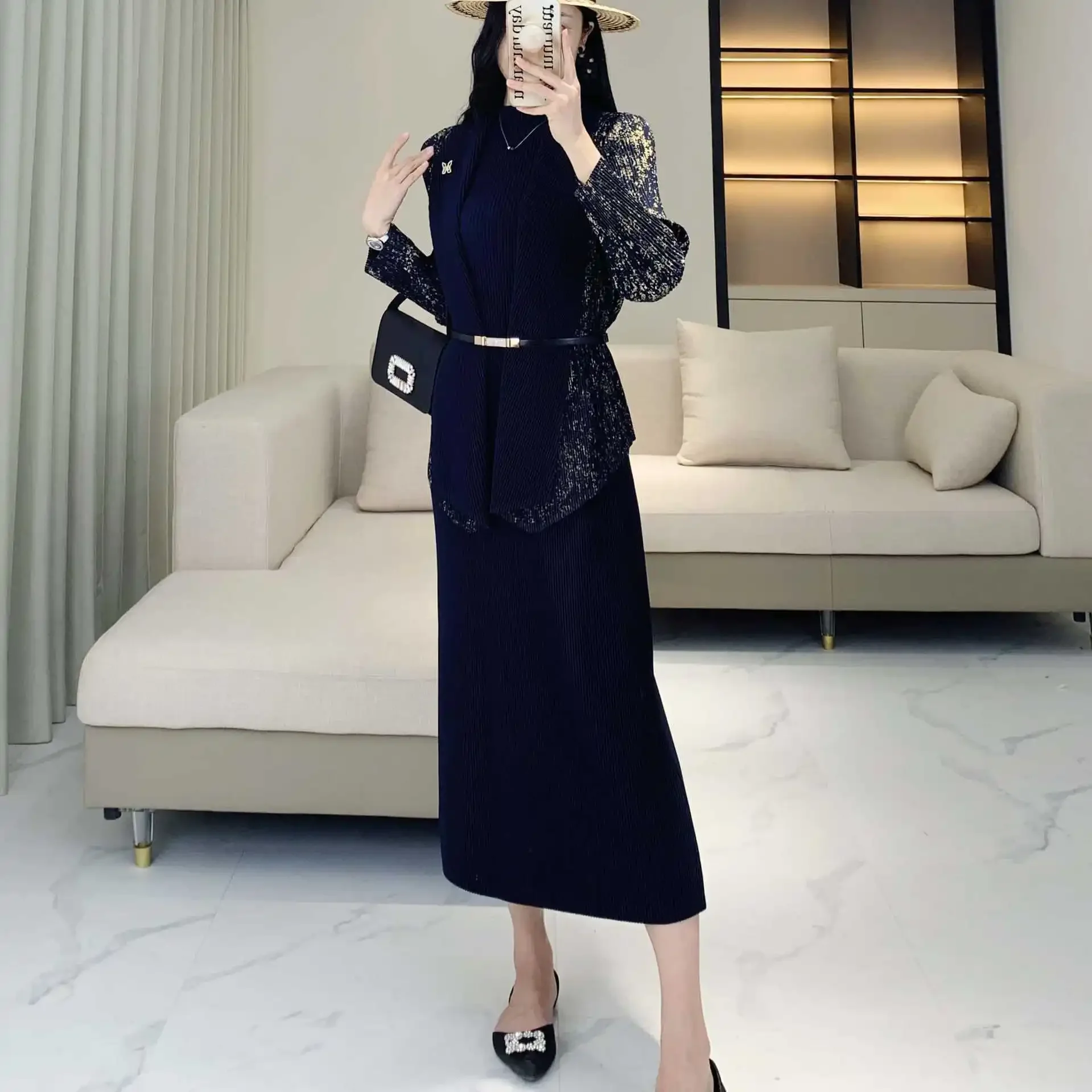 Складки Новинка осени пригородный костюм нишевая модель роскошный для пожилых