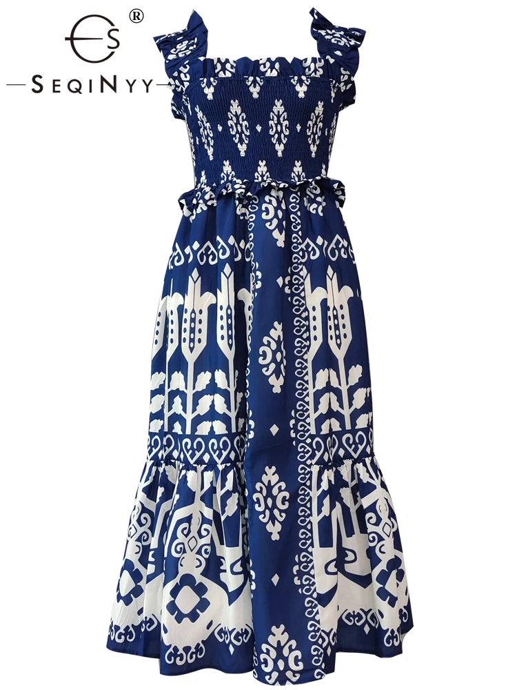 

Женское богемное платье-миди SEQINYY, летнее, весеннее, новое, модное, дизайнерское, подиумное, эластичное, винтажное, Повседневное платье с синими цветами и принтом