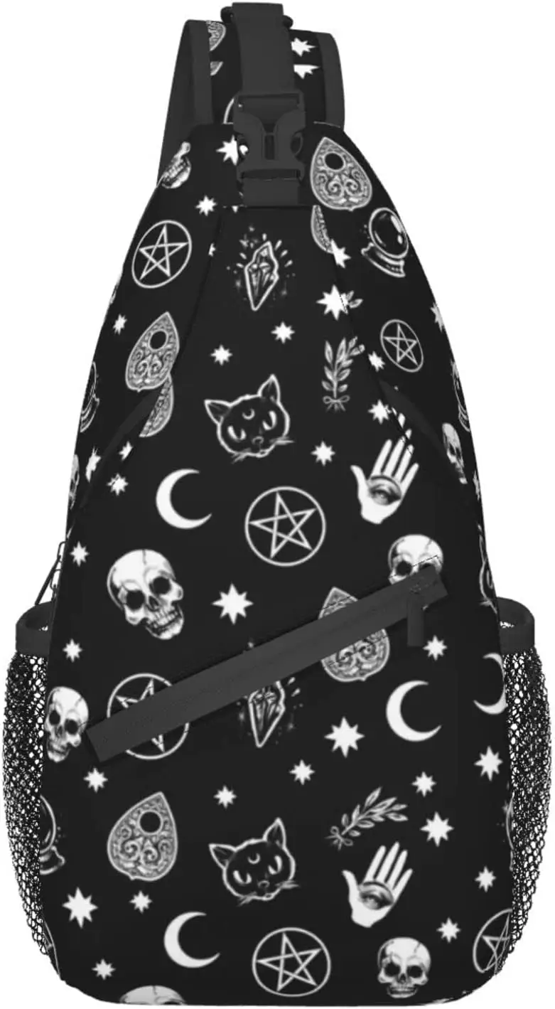 Goth Halloween cat skull Sling Backpack Crossbody Triangle Sling Bag  Trekking Bag Hiking Shoulder Bag For Climbing Runners