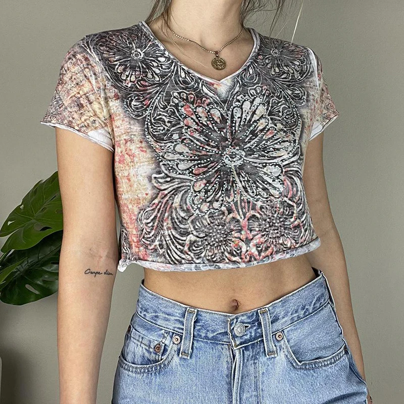 

2022 Hot Sale Tops Short Women's Summer Vintage Crop Tops Short Sleeve Round Neck Floral Rhinestone T-shirt