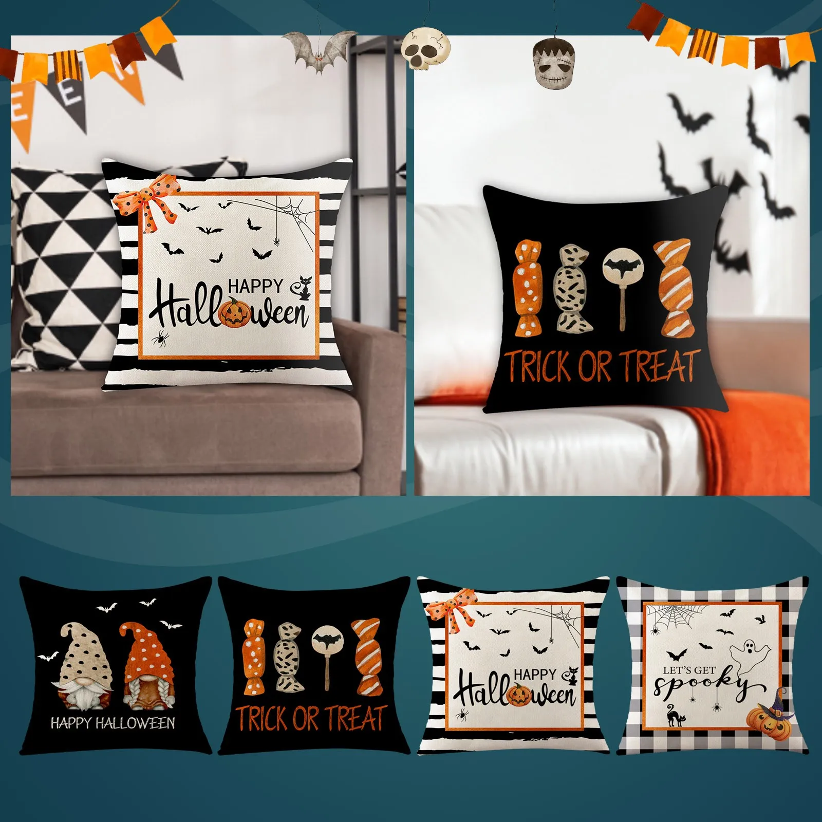 

4PC Halloween Horror Home Sofa Cover Decorative Cushion Pillowcase Linen Pillowcases