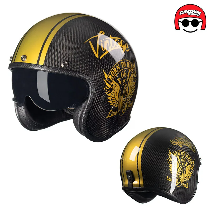 

Crown Vintage Carbon Fibre Casco Motorcycle Men's Helmet Open Mirror 3/4 Locomotive Safety Women's Helme