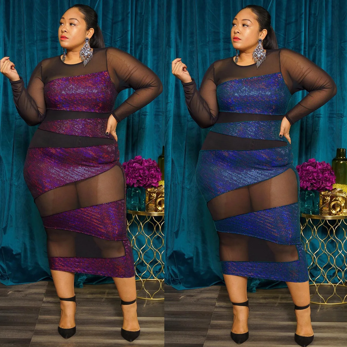 

2022 блестящее сексуальное Сетчатое Прозрачное платье, одежда для ночного клуба и вечеринки, наряды, женское облегающее платье с длинным рука...