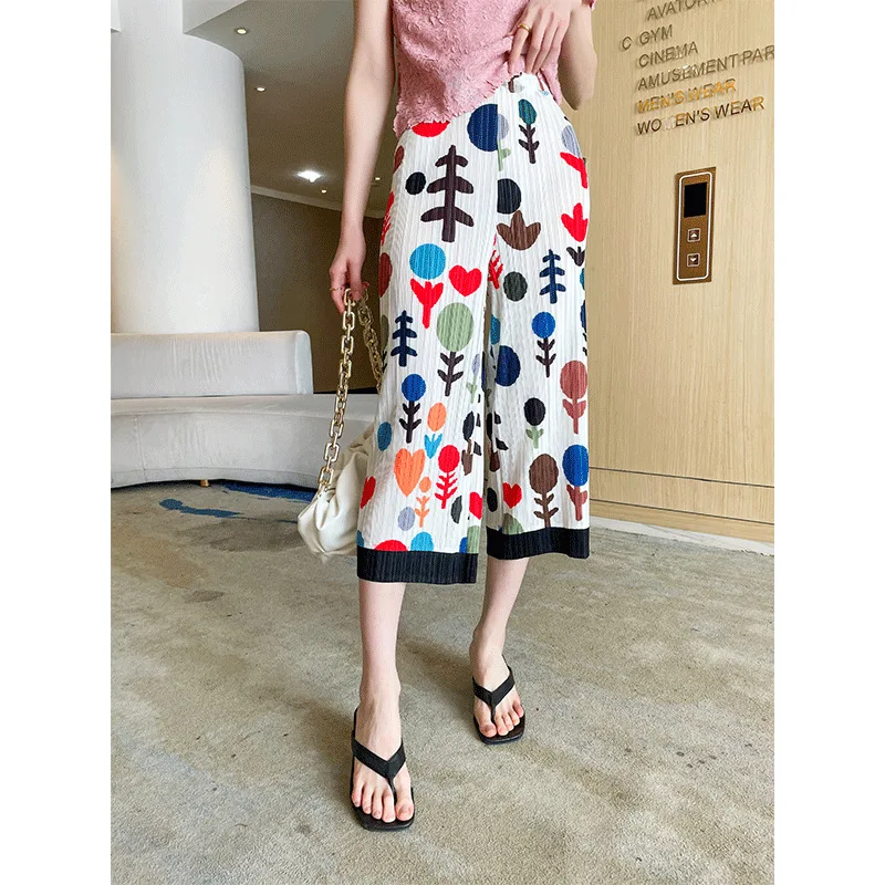 

Miyake pleated tree print pants 2022 women's summer thin section high-waisted slim straight-leg cropped pants casual pants