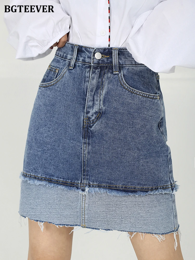 

BGTEEVER Vintage High Waist Patchwork Ladies Jeans Skirts 2022 Spring Summer Loose A-line Mini Denim Skirts for Women