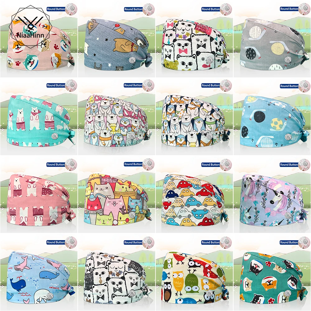 

Laboratory Fashion Print Scrubs Caps Adjustable 100% Cotton Nurse Bandage Men Women Surgical Pet Dust-Proof Unisex Medical Cap