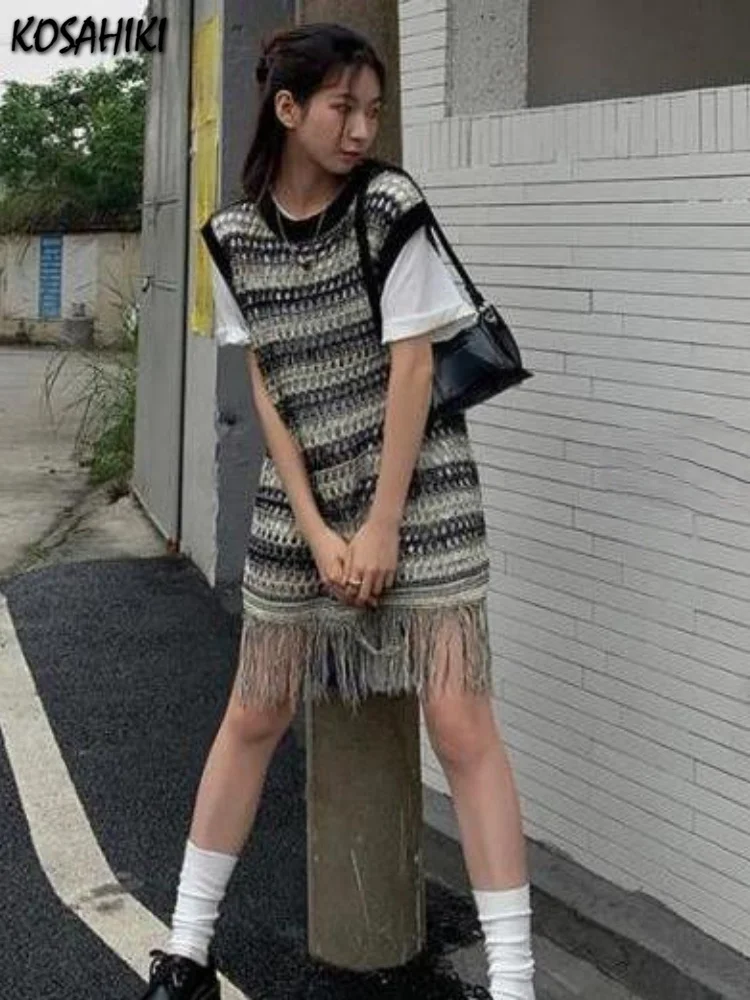 

Thin Knitted Hollow Out Tank Top Women Striped Long Tassel Sleeveless Vest Y2k Aesthetic Korean Fashion Outwear Vests