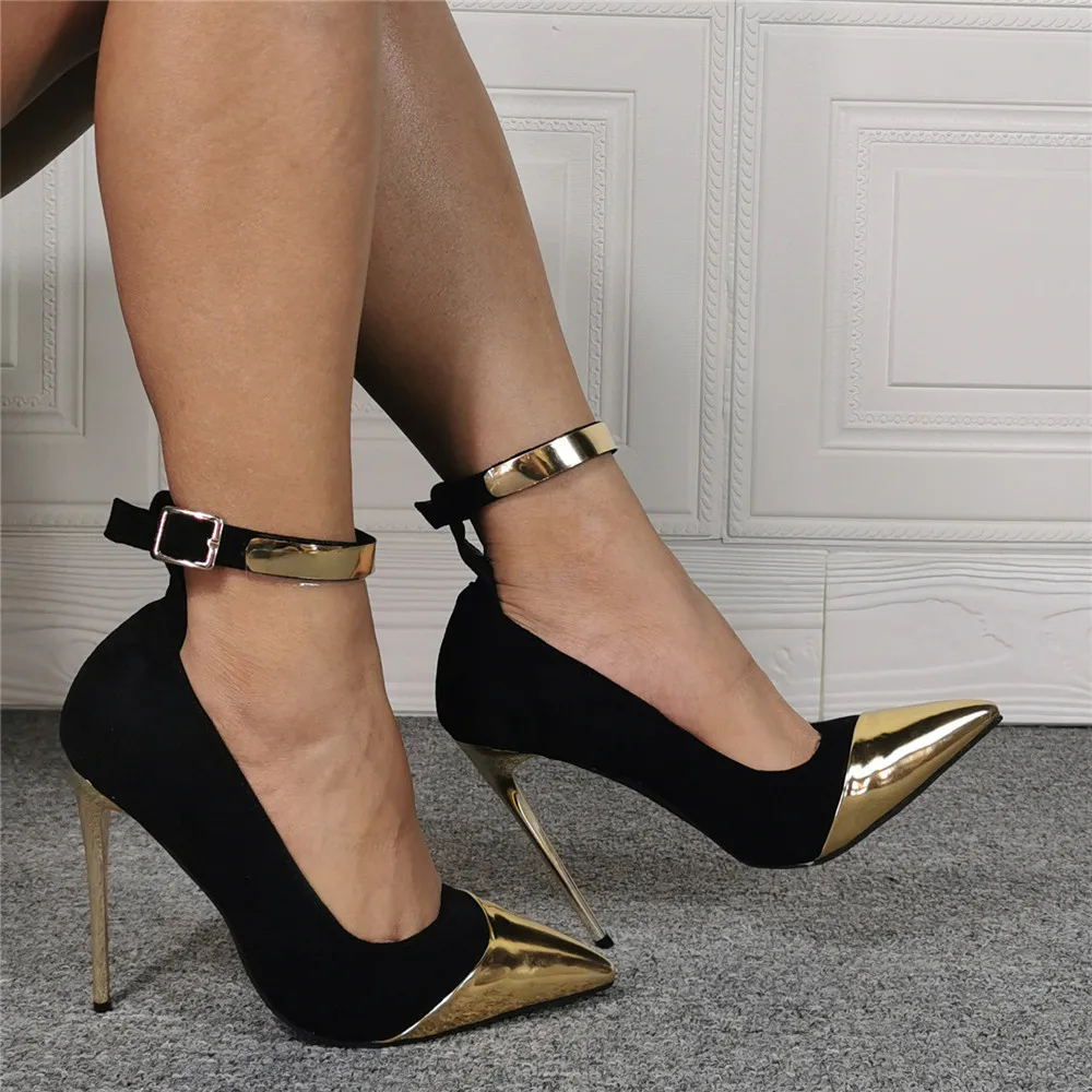 

Black Stitching Metal Stiletto Leather Buckle Pumps Mixed Color Large Size Pointed Toe Women's Party Sshoes