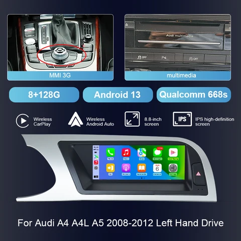 8,8-дюймовый мультимедийный экран Android13 для Audi A4 A4L A5 2008-2012, автомобильное радио с беспроводным CarPlay Android Auto Airplay Miracast