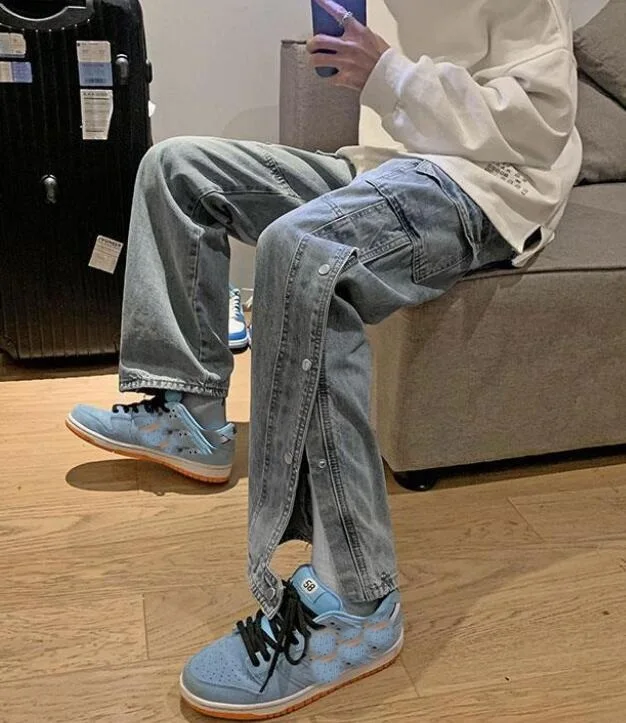 Jeans Men Breasted Trousers Split Jeans Men's Loose Straight High Street Retro Distressed Man Denim Pants
