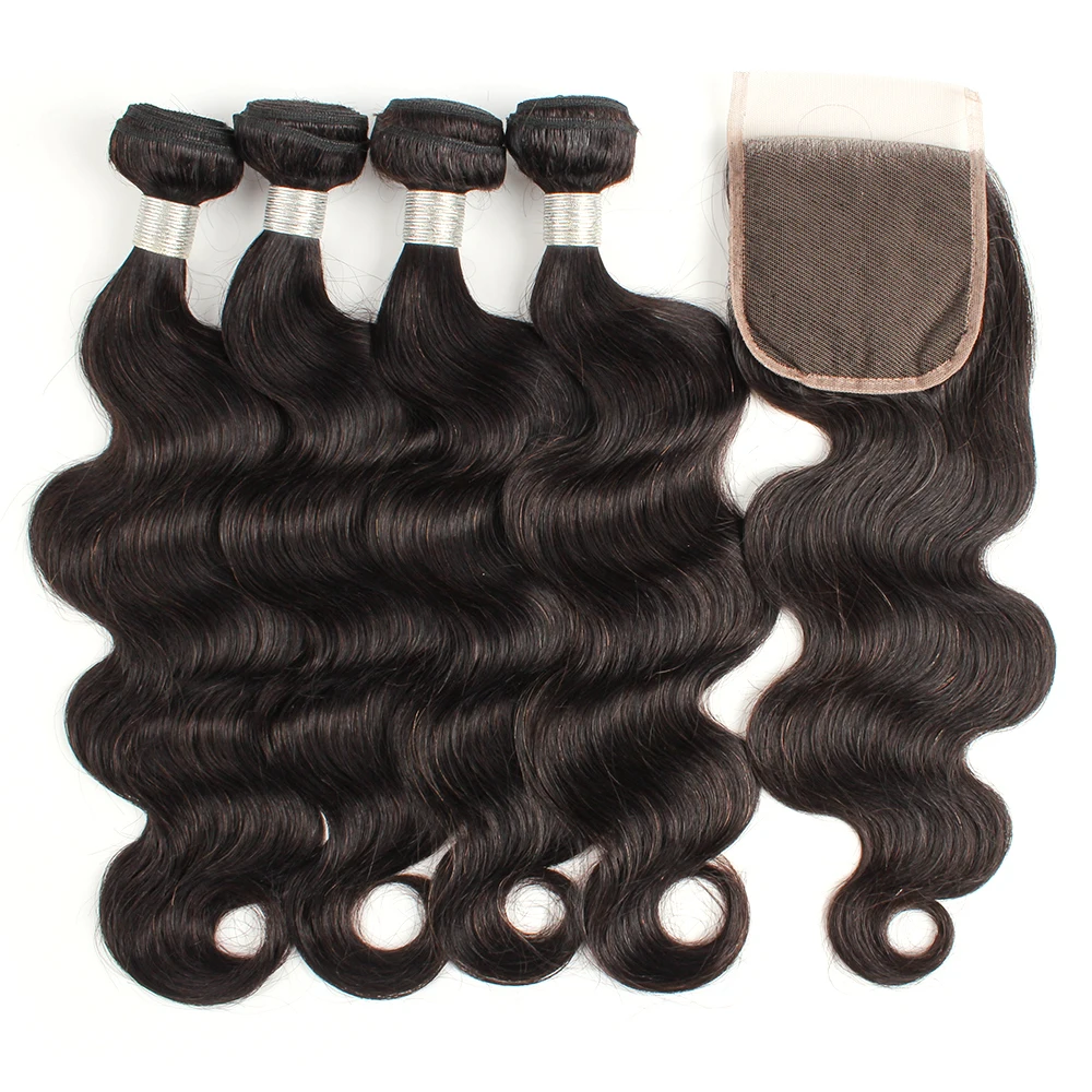 Gemlong 4 Bundles With 4*4 Lace Closure For Full Head Body Wave Remy Indian Human Hair Extension 4x4 Swiss Lace Closures