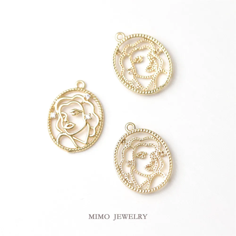 

Color Preserving Copper Plated Gold Plated Micro Inlaid Zircon Hollow Retro Beauty Head Pendant DIY Jewelry Accessories
