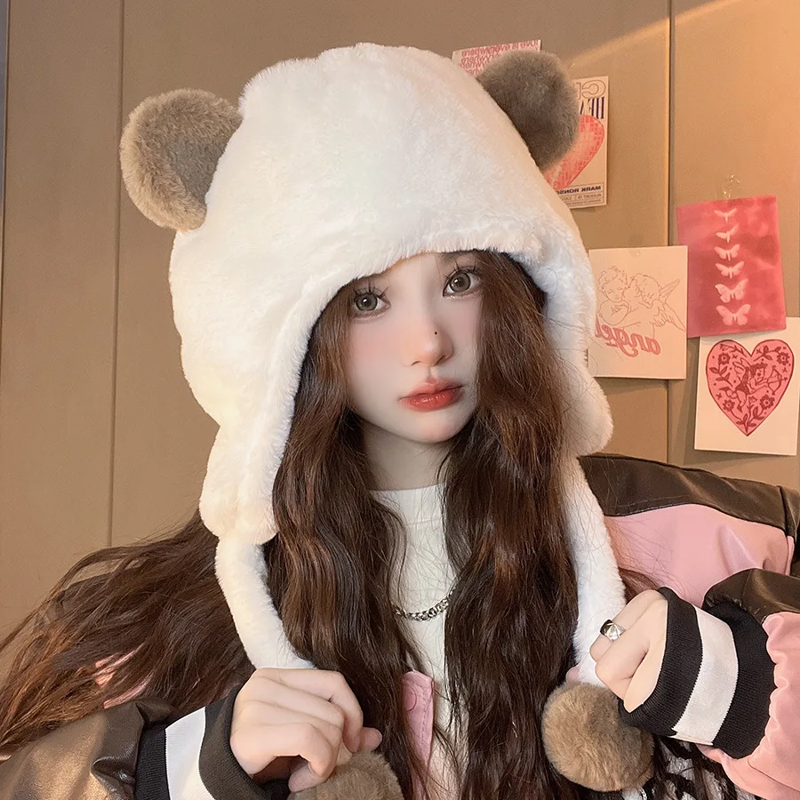 

Женские зимние шапки COKK, мягкая бархатная ветрозащитная шапка с милыми медвежоньими ушками, теплые аксессуары