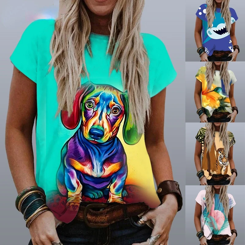 

Women Summer Cartoon Animal Pattern Printing Clothes Lady Casual Loose Round Neck Tops Female Plus Size Harajuku T-shirt