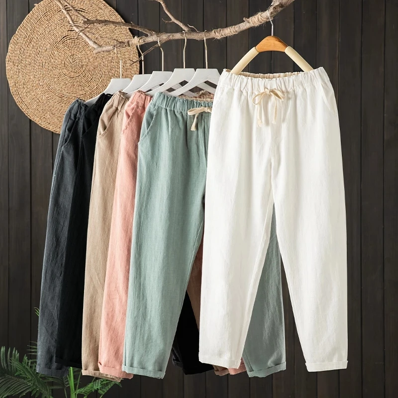 

Весенне-летние свободные укороченные брюки женские Ретро хлопковые льняные повседневные однотонные брюки до щиколотки женская одежда