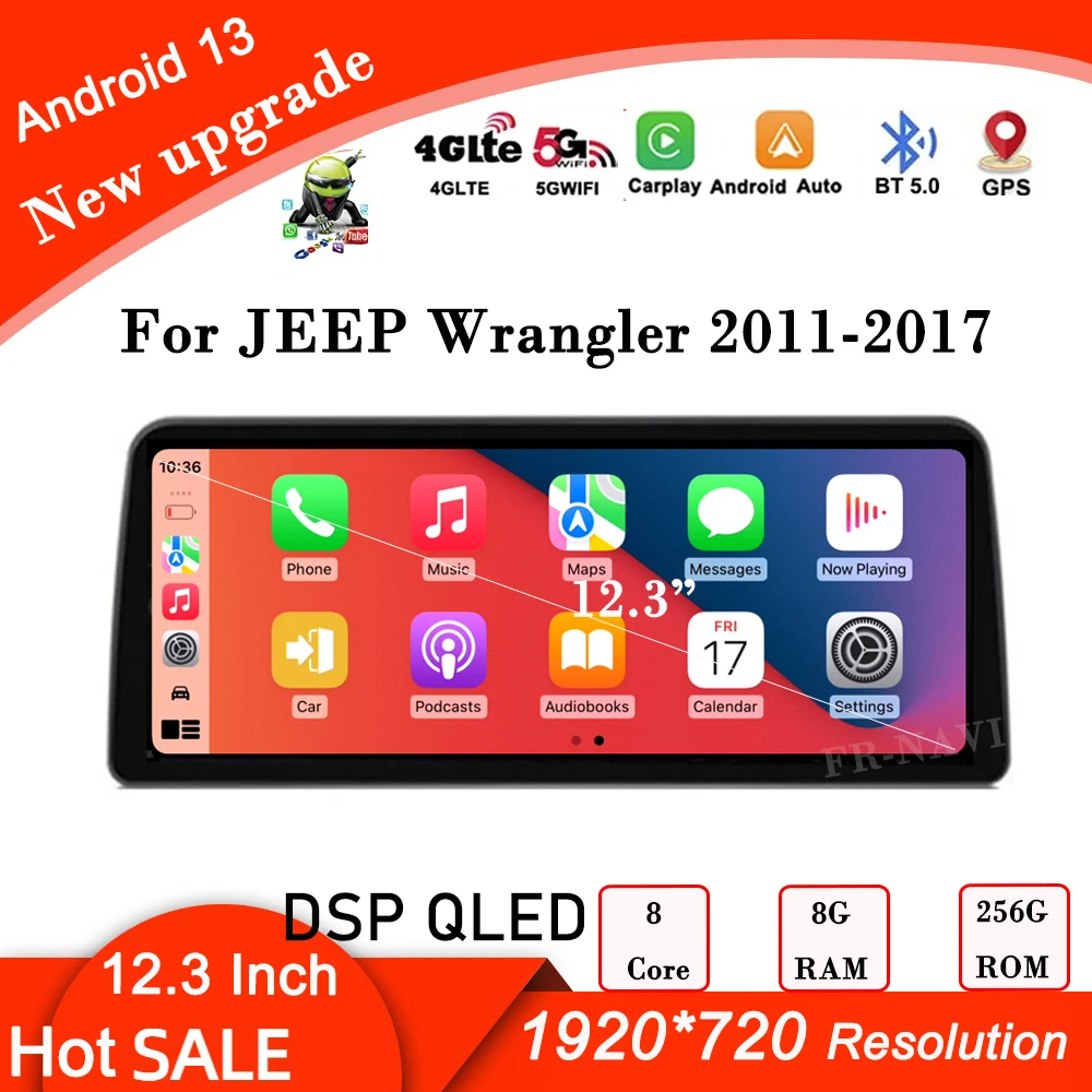 

Головное устройство для JEEP Wrangler 2011-2017 QLED, 12,3 дюймов, Android 13, автомобильное радио, стерео, мультимедийный видеоплеер, GPS-навигация