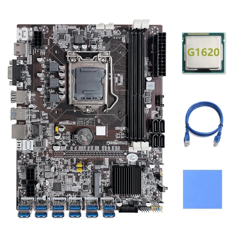 

B75 ETH Mining Motherboard 12 PCIE To USB LGA1155 Motherboard With G1620 CPU+RJ45 Network Cable+Thermal Pad