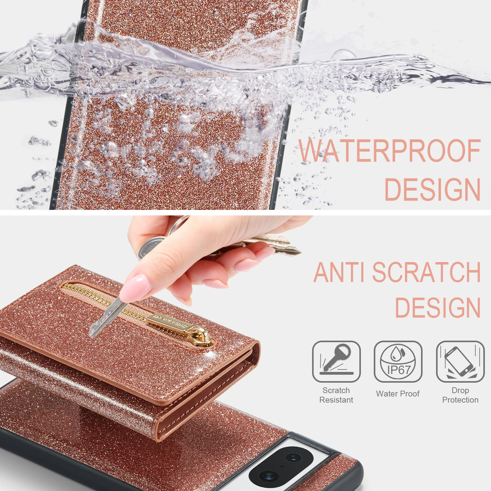 Glitter Zipper Card Pocket Magnetic Phone Case For Google Pixel 8 7 6 Pro 7A 6A Shockproof Stand Wallet Protective Leather Cover