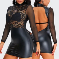 elastic lace backless high neck long sleeved leather skirt european and american nightclub hip wrapped pu tight womens dress